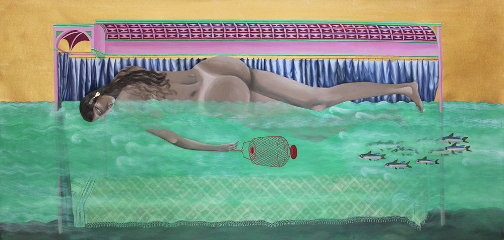 Chiara Baima Poma, Chi dorme non piglia pesci, 2023, gouache, foglia oro su tela, 66,5x154 cm