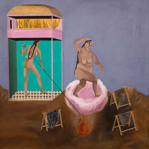 Chiara Baima Poma, Mettere carne al fuoco, 2022, gouache su tela, 76x70 cm