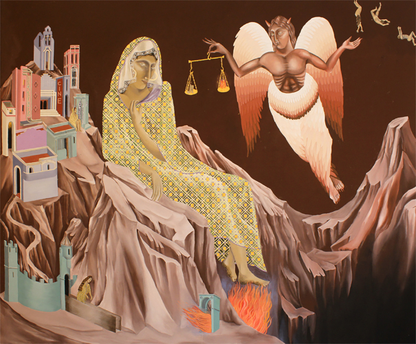 Chiara Baima Poma, Pueblo pequeño, infierno grande, 2023, gouache su tela, 120x140 cm