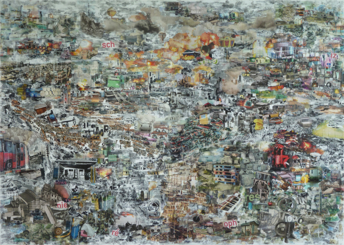 Botto&Bruno, White noise, 2017, décollage, tempera su carta, 100x140 cm