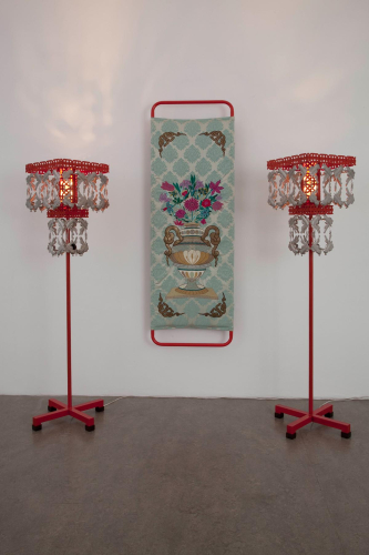 Adeela Suleman, Prying in her richly decorated room I, 2012, embroidery on canvas, iron, paint, lamps, 185x60x12 cm / 176x38x38 cm, ed. 3