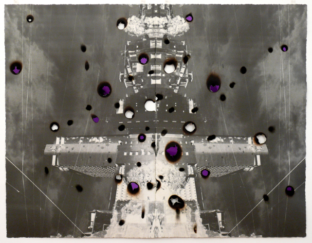 John Jurayj, Untitled (purple dyptich #10), 2011, digital print on watercolour paper with burn wholes and purple mirrored plexiglass, 146x188 cm