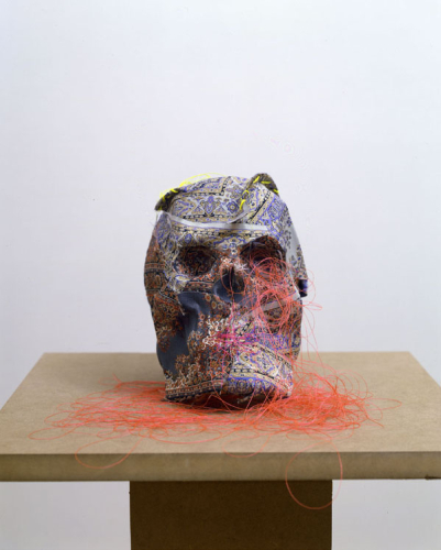 Andisheh Avini, Untitled, 2006, silk, fabric, glue and embroidery on plastic human skull, 19x11x16 cm