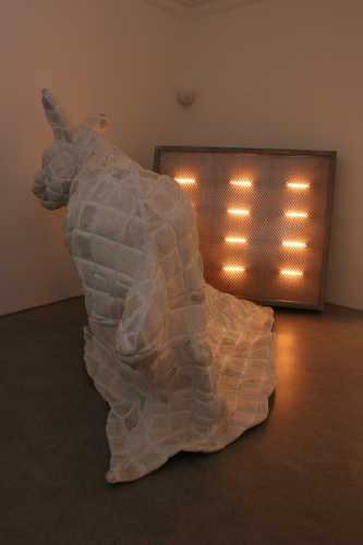 Perino & Vele, Porton Down, 2005, papier-maché, tempera, galvanized iron, halogen heater, 214x298x373 cm