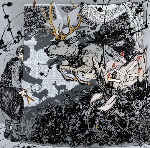 Gabriele Arruzzo, Senza titolo (per una ragione, per una stagione o per una vita intera), 2023, enamel, acrylic and glitter on canvas, 180x180 cm