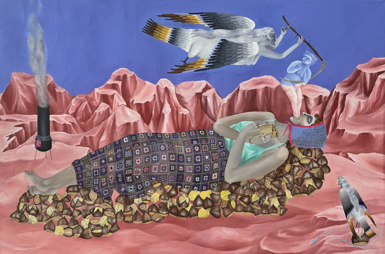Chiara Baima Poma, La donna è come la castagna, bella fuori e dentro la magagna, 2024, gouache, gold leaf and silver leaf on canvas, 90x135 cm