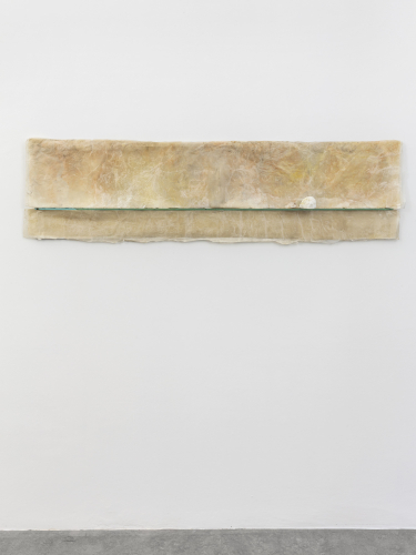 Gregorio Botta, L’orizzonte è lieve, 2023, rice paper, wax, pigment, glass, natural elements, 180x50x4 cm