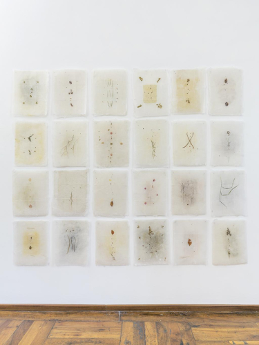 Gregorio Botta, Noli me tangere, 2020, 24 sheets of rice paper, wax, leaves, pigment, blood, 200x250 cm