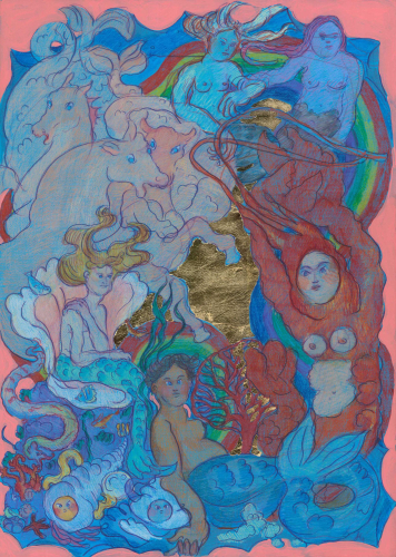 Flaminia Veronesi, Azzurro Sirena (Ori), 2024, colored pencils, acrylic and gold leaf on colored cardboard, 70x50 cm