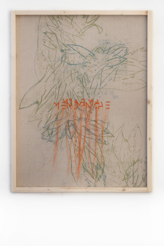 Lucia Veronesi, The plants you kill are doing quite well #5, 2025  monotipo ad olio su tessuto, ricamo e legno, 71x55 cm
