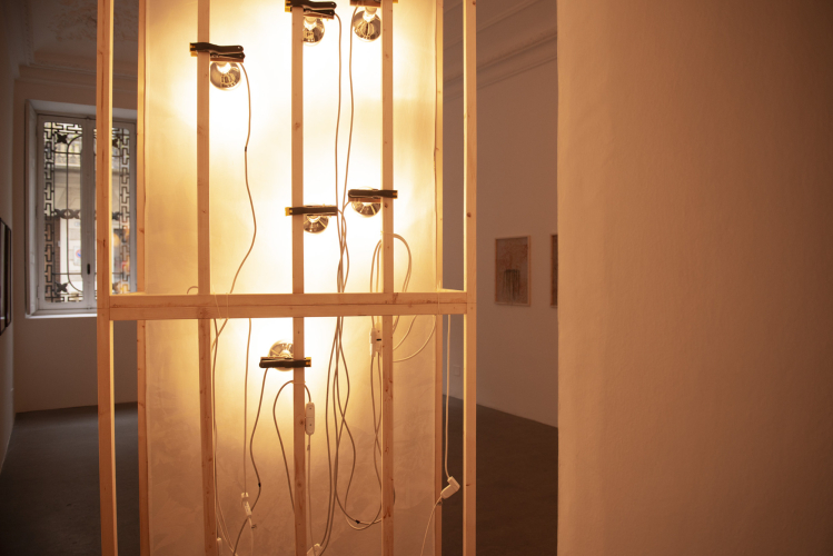 Lucia Veronesi, Reditus naturalis sp., 2025, digital print on fabric with screen printing, heating lamps and wood, 276x126 cm (detail)