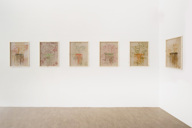  Lucia Veronesi, The plants you kill are doing quite well, 2025, oil monotype on fabric, embroidery and wood, 71x55 cm each.