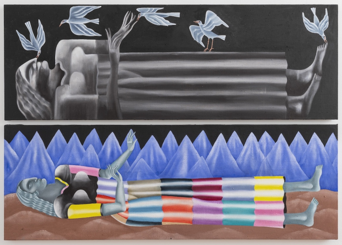 Chiara Baima Poma, Non ricordo, 2026, tempera al latte su tela, 51x150 (x2) cm © ph Lorenzo Gastaldi