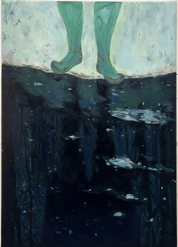 Morigen Yan, Un dialogo al bordo del lago, 2025, olio su tela, 70x50 cm