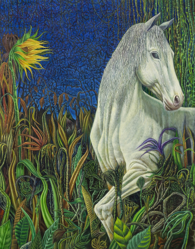 Luca De Angelis, Gli erratici itinerari della palude, 2024, oil on linen, 180x140 cm