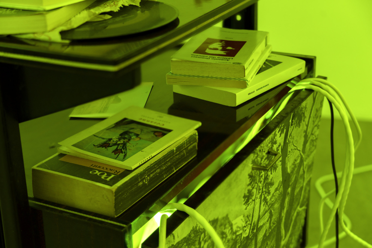 Roberto Casti, From the dephts of the Earth (madia), 2026, madia, libri, vinile 45 giri, scacchiera, cavi, altoparlanti, luce al LED, suono, 96x85x45 cm (dettaglio)